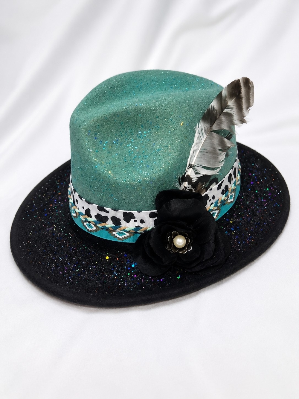 Teal and Black Glitter Fedora with Feather and Flower Trim